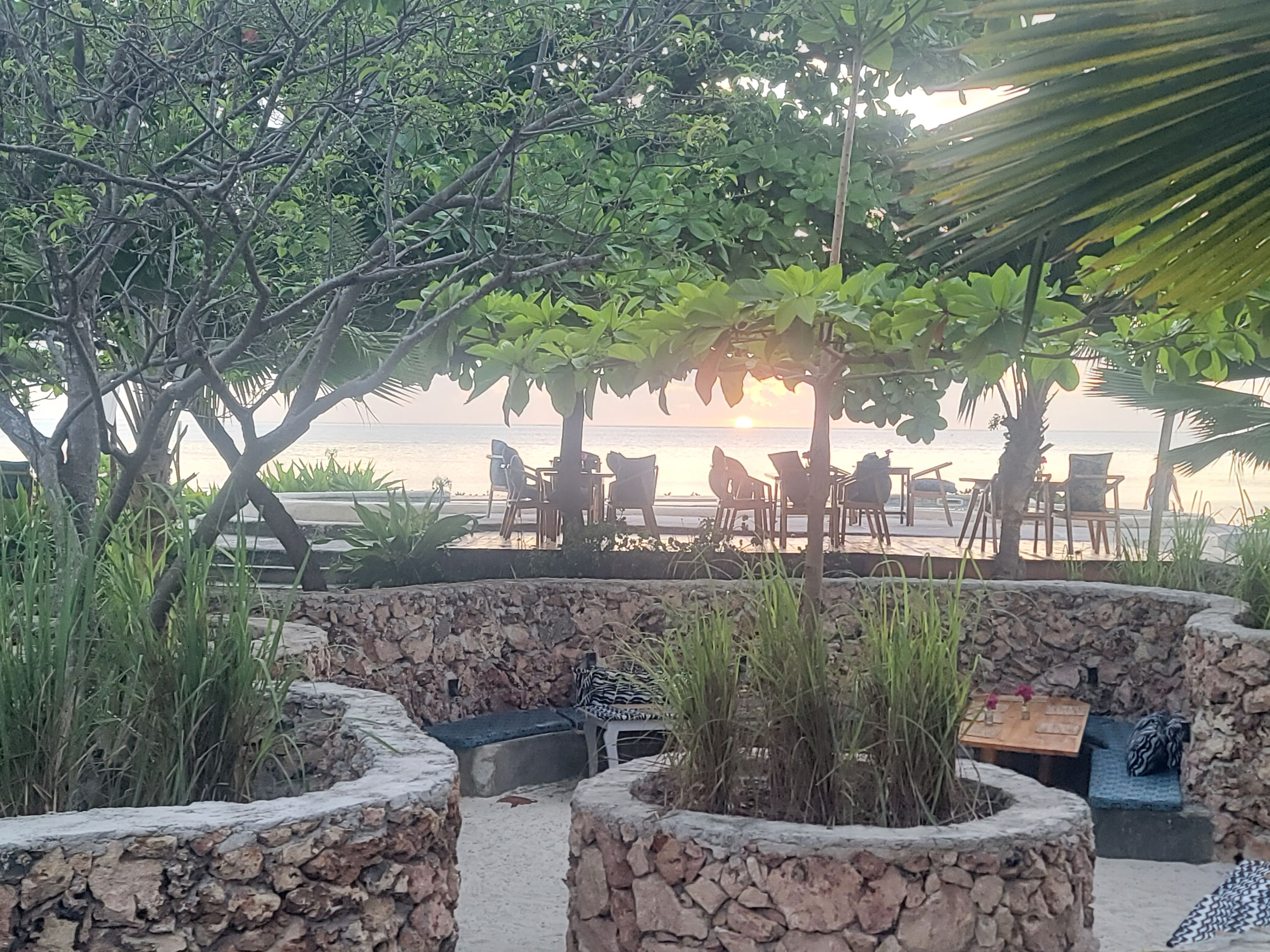 Un espacio de descanso frente a la playa con macetas de piedra, mesas y sillas bajo un árbol, con vistas al mar.