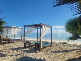 On the beach, white sand, beach bar