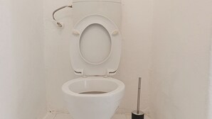 A white toilet with a closed lid, a flush handle, and a toilet brush on the floor. - Cozy 2BR Stay Near AKH With WiFi (Vienna)