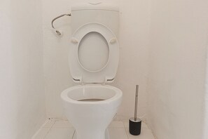 Eine weiße Toilette mit geschlossenem Deckel, Spülhebel und einer Toilettenbürste auf dem Boden.