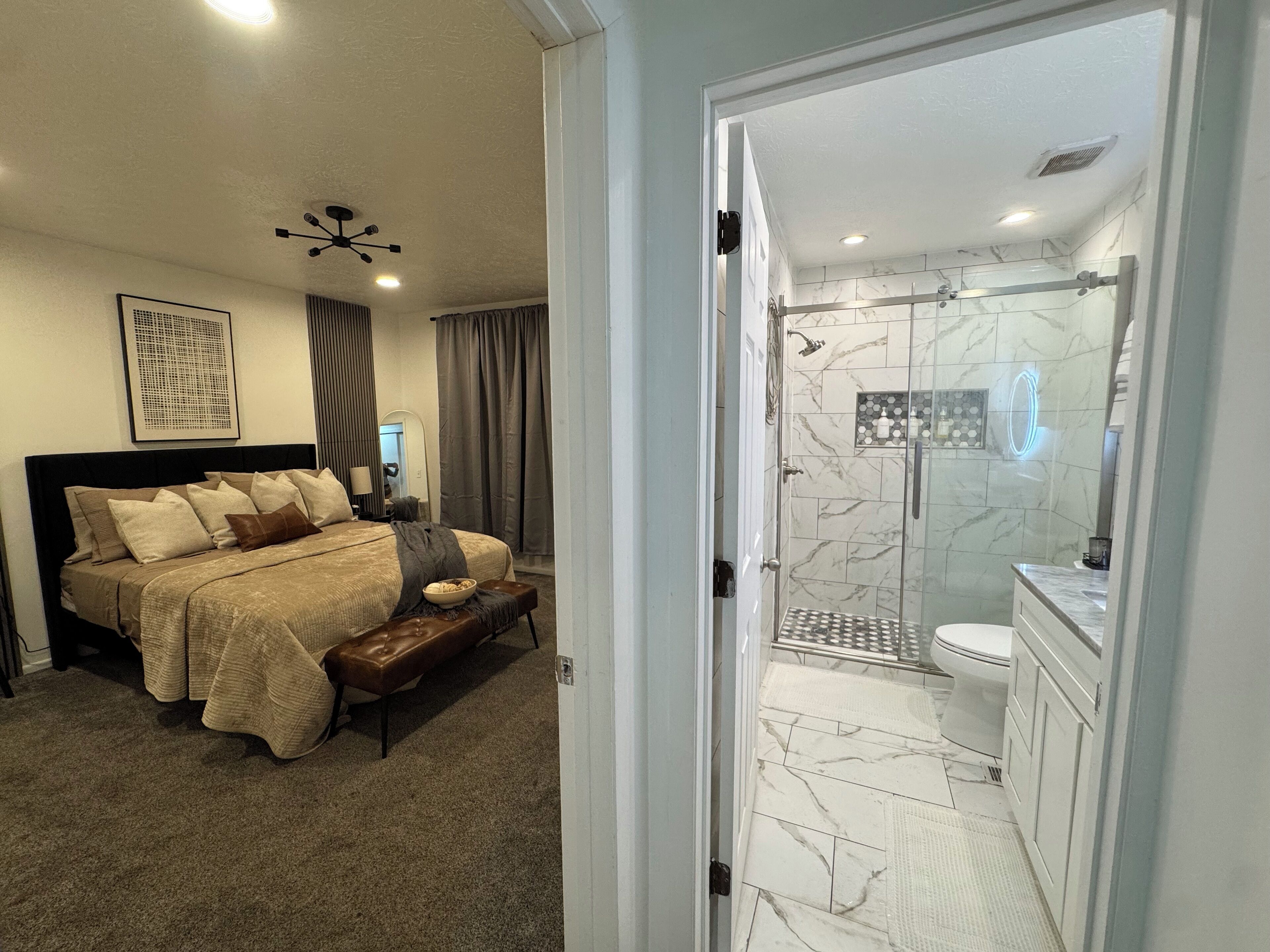 Hair dryer, towels, soap, toilet paper