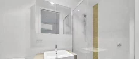 Shower, hair dryer, towels, soap