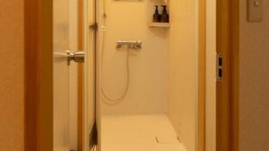 Ein kleines, gut beleuchtetes Badezimmer mit Dusche, Spiegel und einer grünen Matte auf dem Boden.