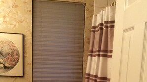 Ein Badezimmer mit Toilette, Duschvorhang und einem Fenster mit Jalousien.