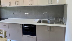A modern kitchen with a dishwasher, a sink with a faucet, and a metal drying rack. - Sea Breeze Apartment n 2 (Lefkada)