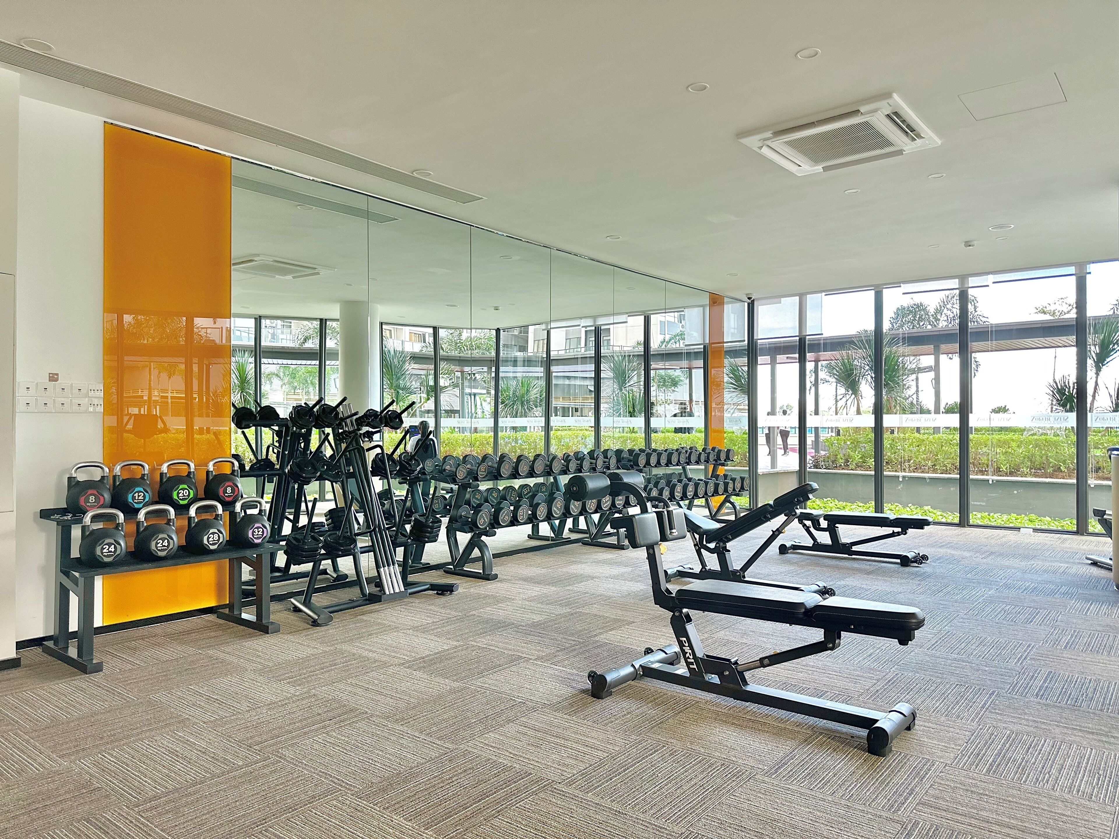 Un gimnasio con equipamiento para levantamiento de pesas, máquinas de ejercicio y un ventanal con vistas al exterior.