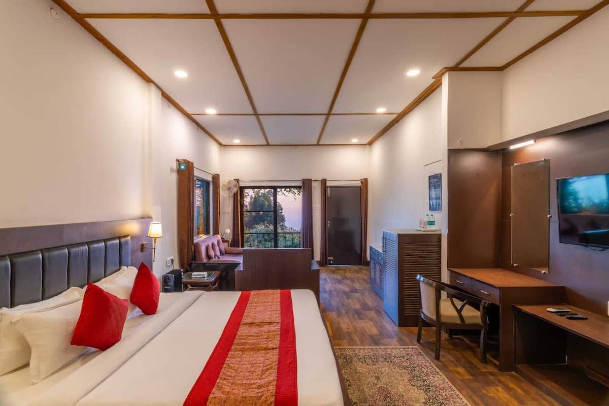 A hotel room with a bed, a desk, a television, and a view of the outdoors.