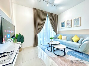 Deluxe Apartment, 2 Bedrooms, Balcony, Lake View | Living area - Macrolink Medini Legoland by Stayrene (Bandar Medini Iskandar, Iskandar Puteri)