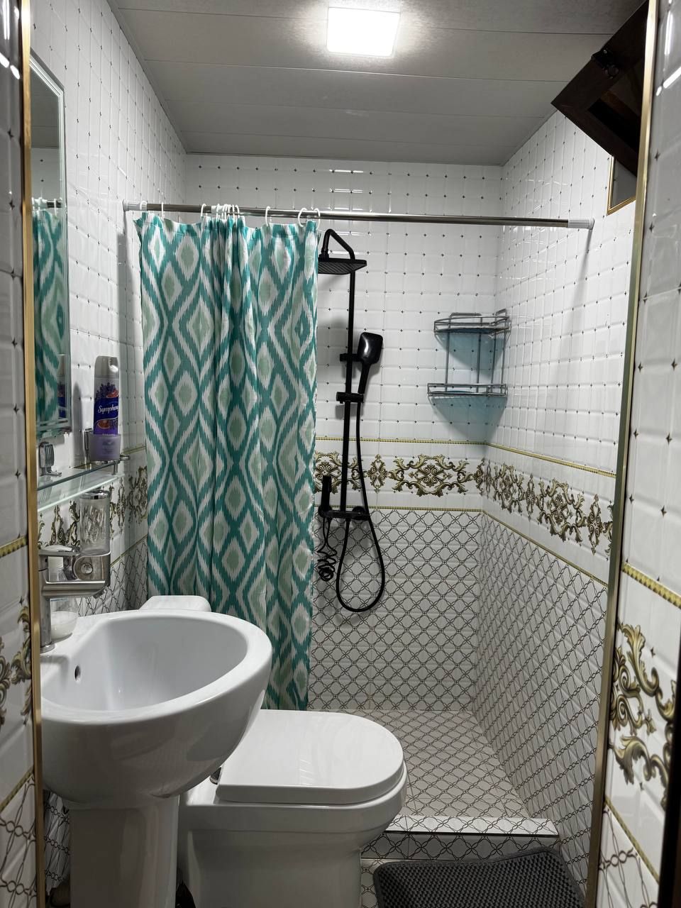 Une salle de bain avec douche, toilettes et lavabo.