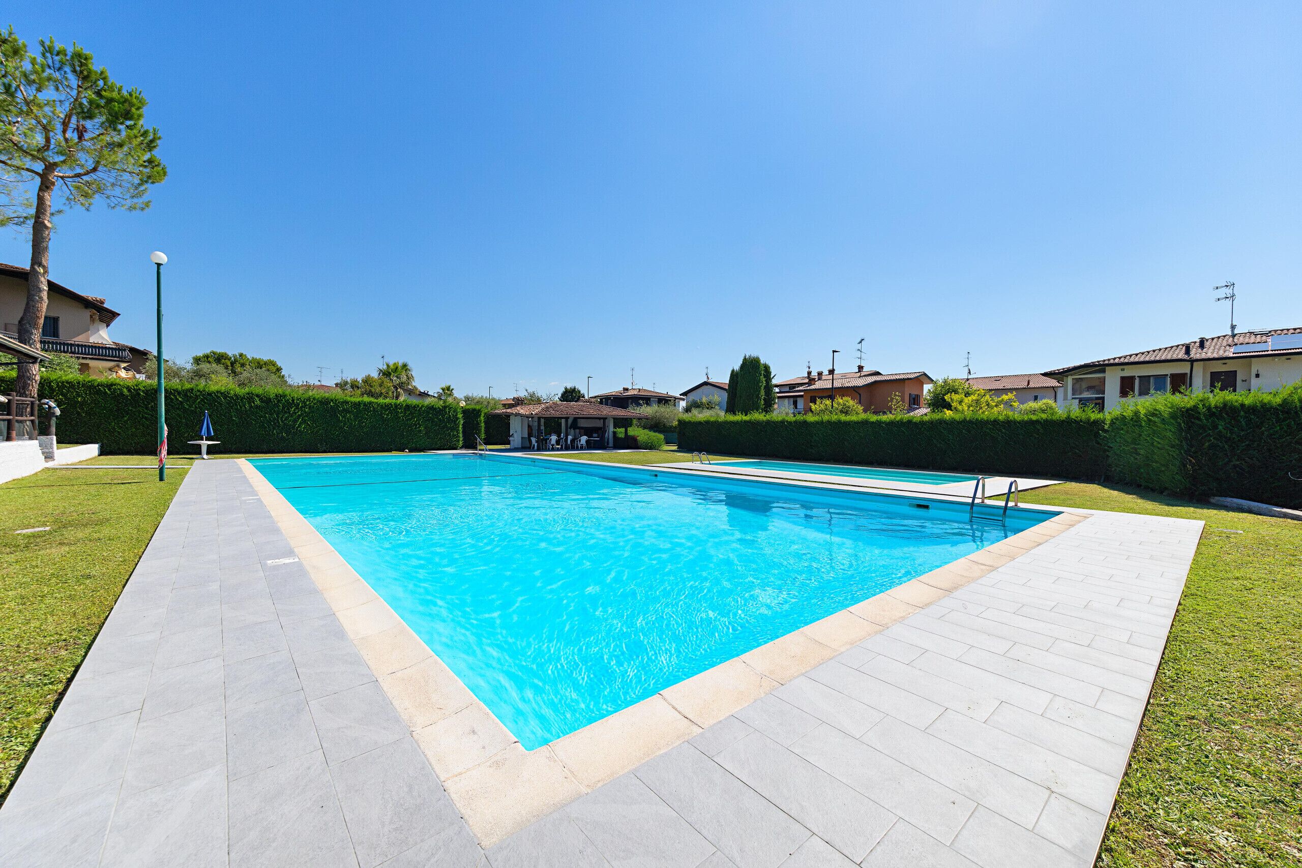 Una piscina rectangular con borde de baldosas, ubicada en un área ajardinada con césped y setos.