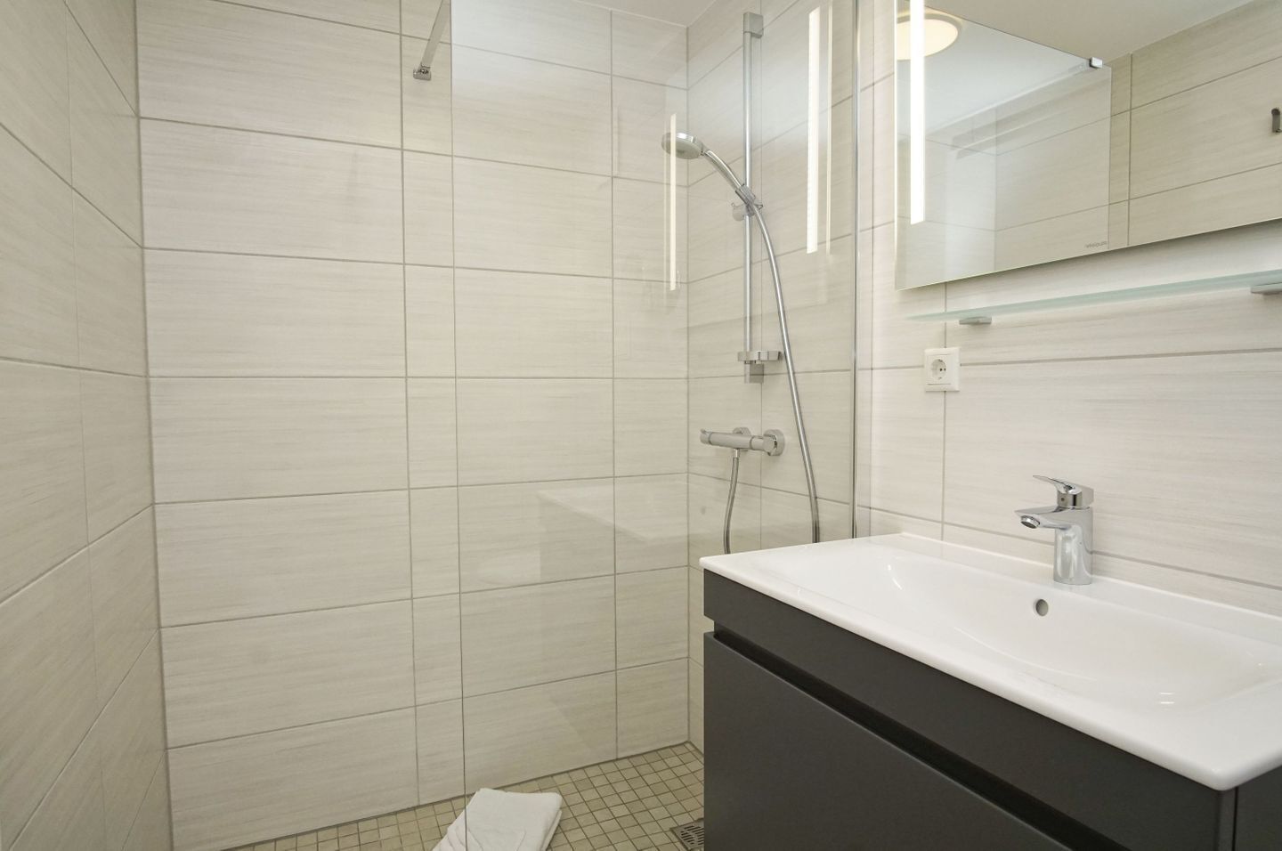 A modern bathroom with a large shower, a sink, and a mirror.