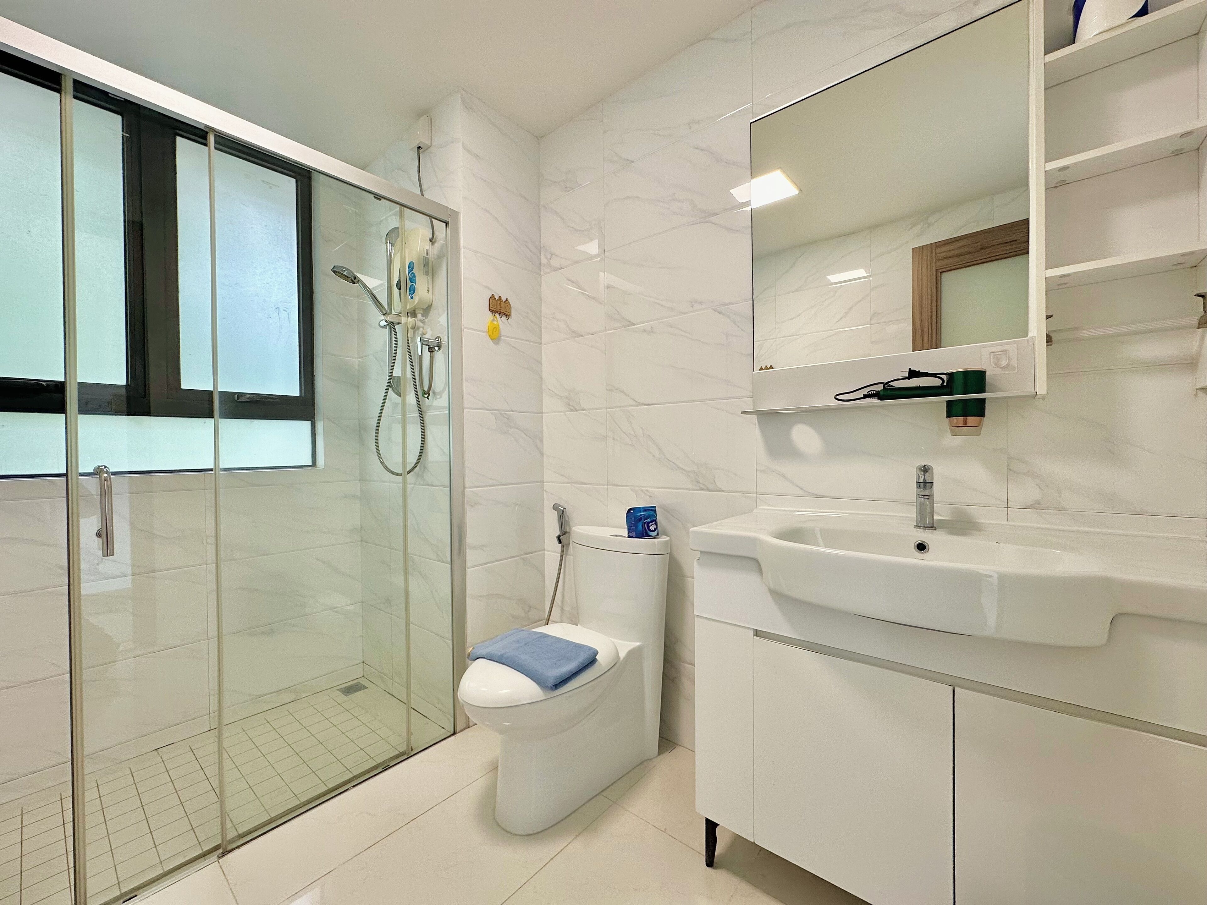 A modern bathroom with a glass-enclosed shower, a toilet, and a sink with a mirror above.