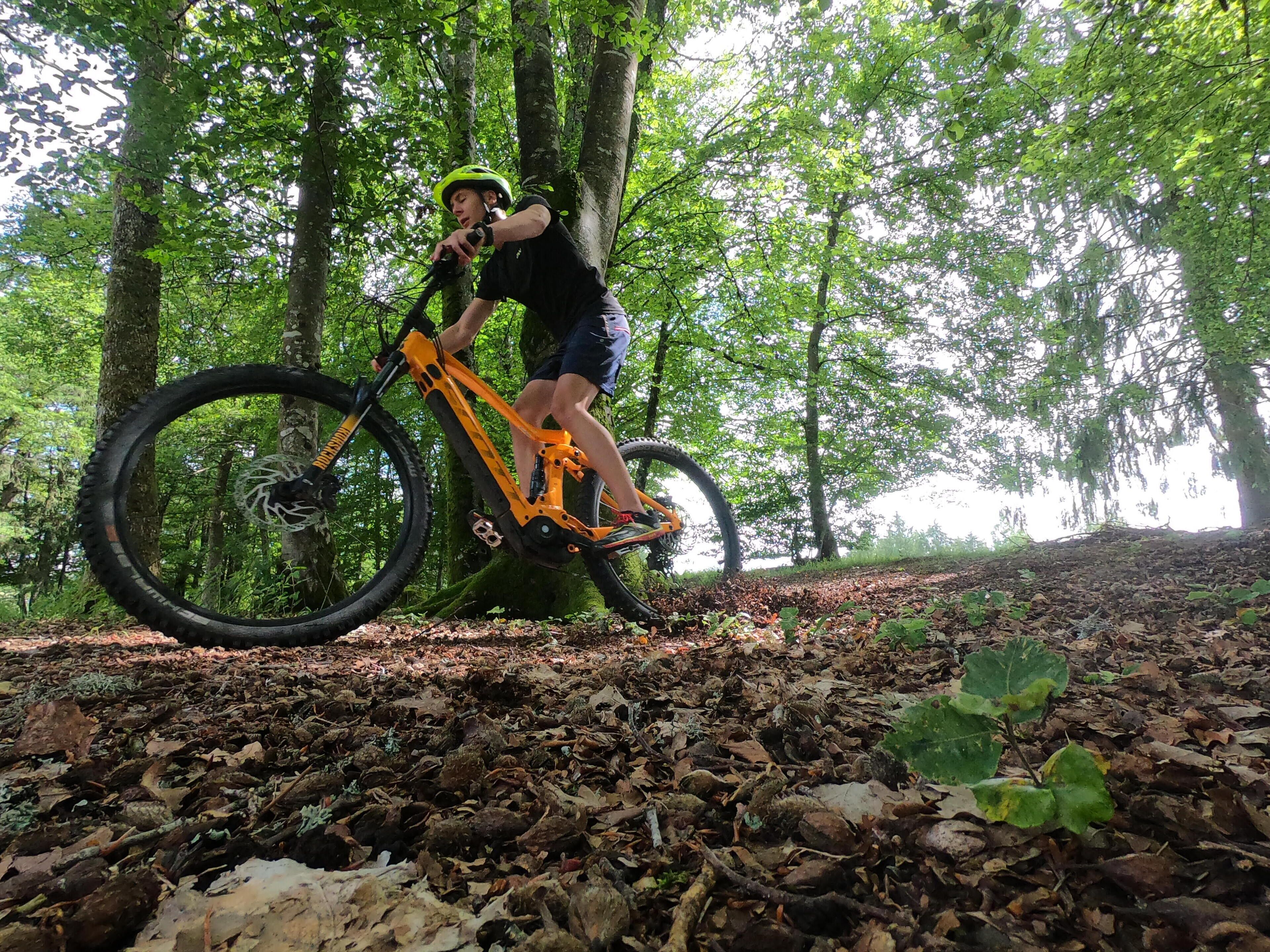Eine Person fährt mit einem Mountainbike auf einem Waldweg.