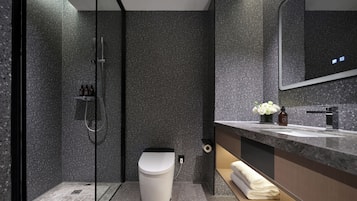 Shower, hydromassage showerhead, designer toiletries, hair dryer