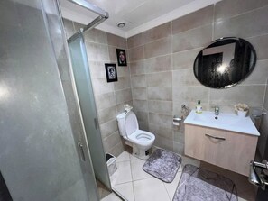 Shower, towels, soap, toilet paper