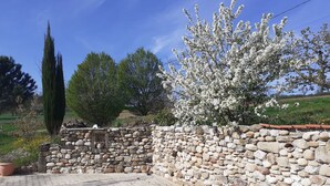 Un mur de pierre avec une zone pavée devant.