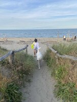 Sulla spiaggia, sabbia bianca, cabine (a pagamento), lettini da mare