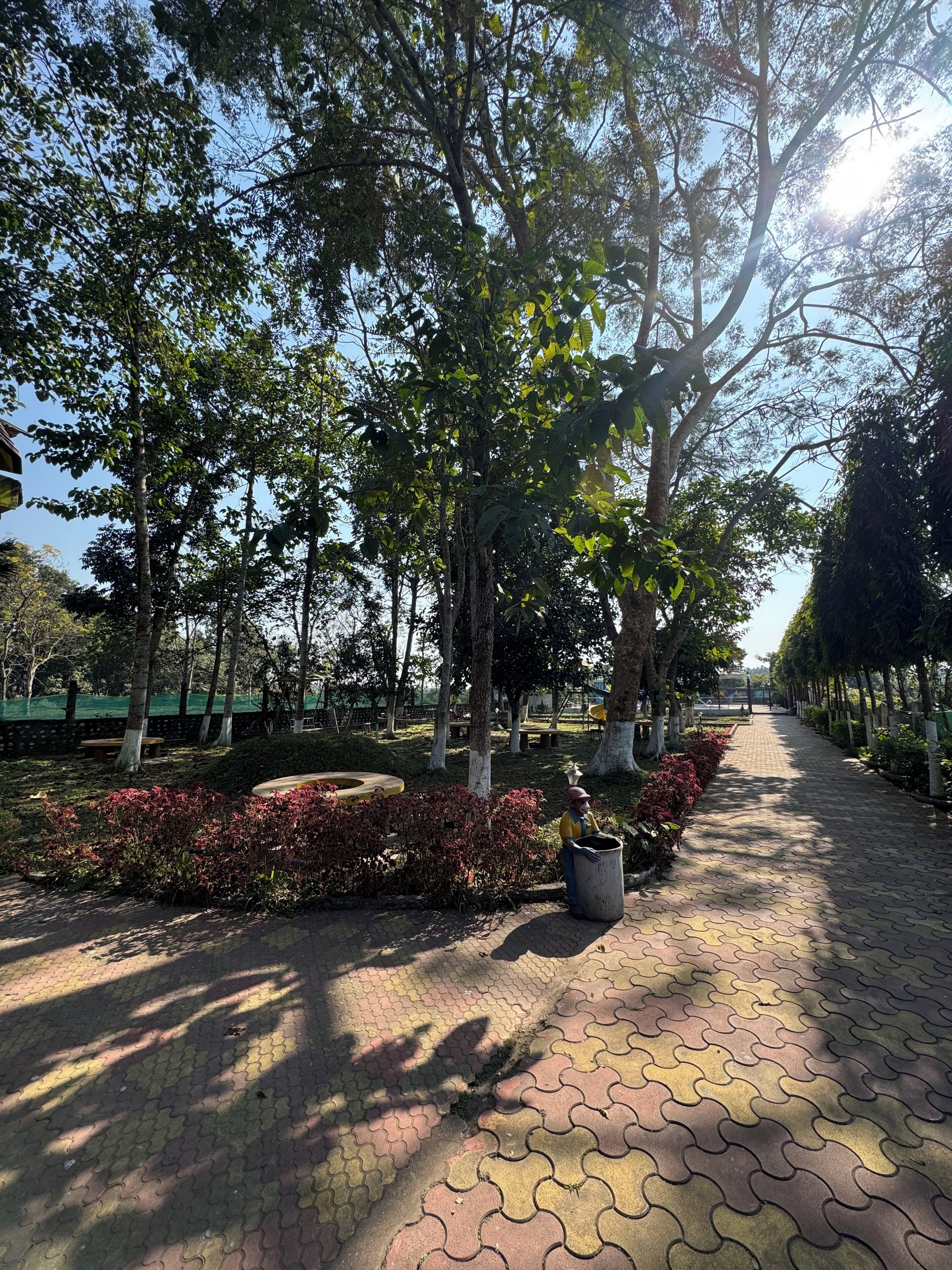 A paved pathway lined with trees and shrubs, leading to a distant structure.