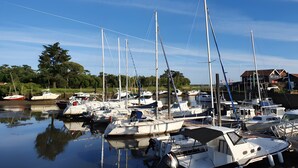 A marina with multiple boats docked, surrounded by greenery and a clear sky.