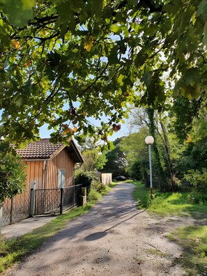 A rural road leading to a wooden building with a tiled roof, surrounded by greenery and a clear sky. - Charming Wooden Bassin House – 150m from Beach, 50m from Shops (Lanton)