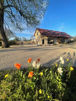 A stone building with a red roof, a gravel driveway, and tulips in the foreground. - La Villa de Paul, a completely renovated 19th-century building in the Savoyard foreland (Yenne)