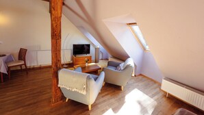 Et hyggeligt loftsværelse med skråvægge, træbjælker, et fjernsyn, to sofaer, et lille bord og en radiator.