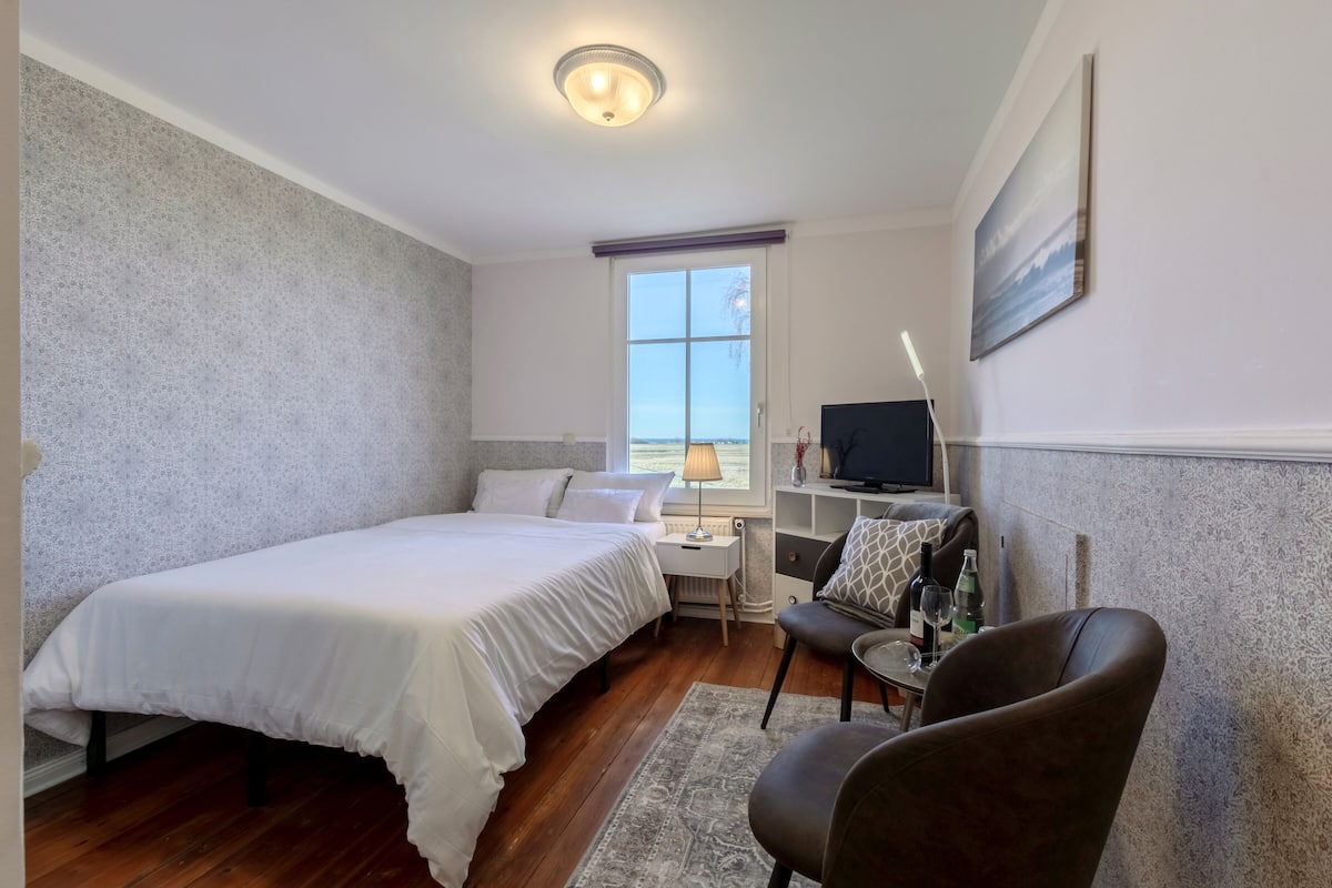 Un dormitorio con cama, escritorio, silla, televisor y ventana.