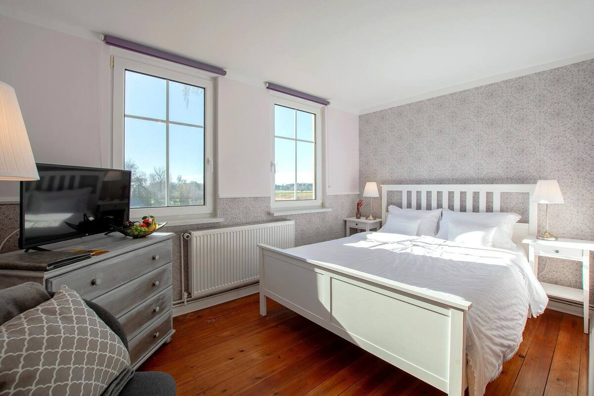 Un dormitorio con una cama, un aparador, un televisor y dos ventanas.
