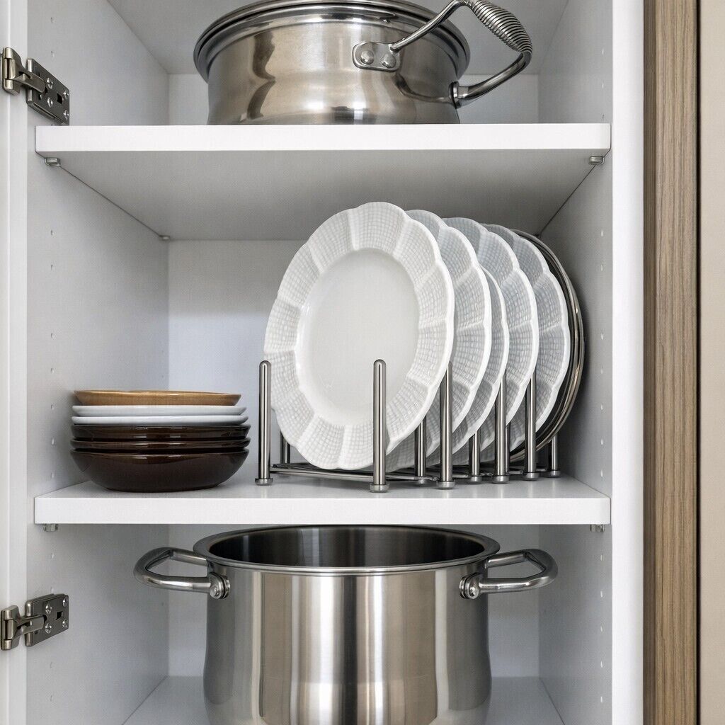 Une cuisine équipée d’ustensiles de cuisine en acier inoxydable, notamment des casseroles et une poêle, ainsi qu’un égouttoir à vaisselle avec des assiettes.