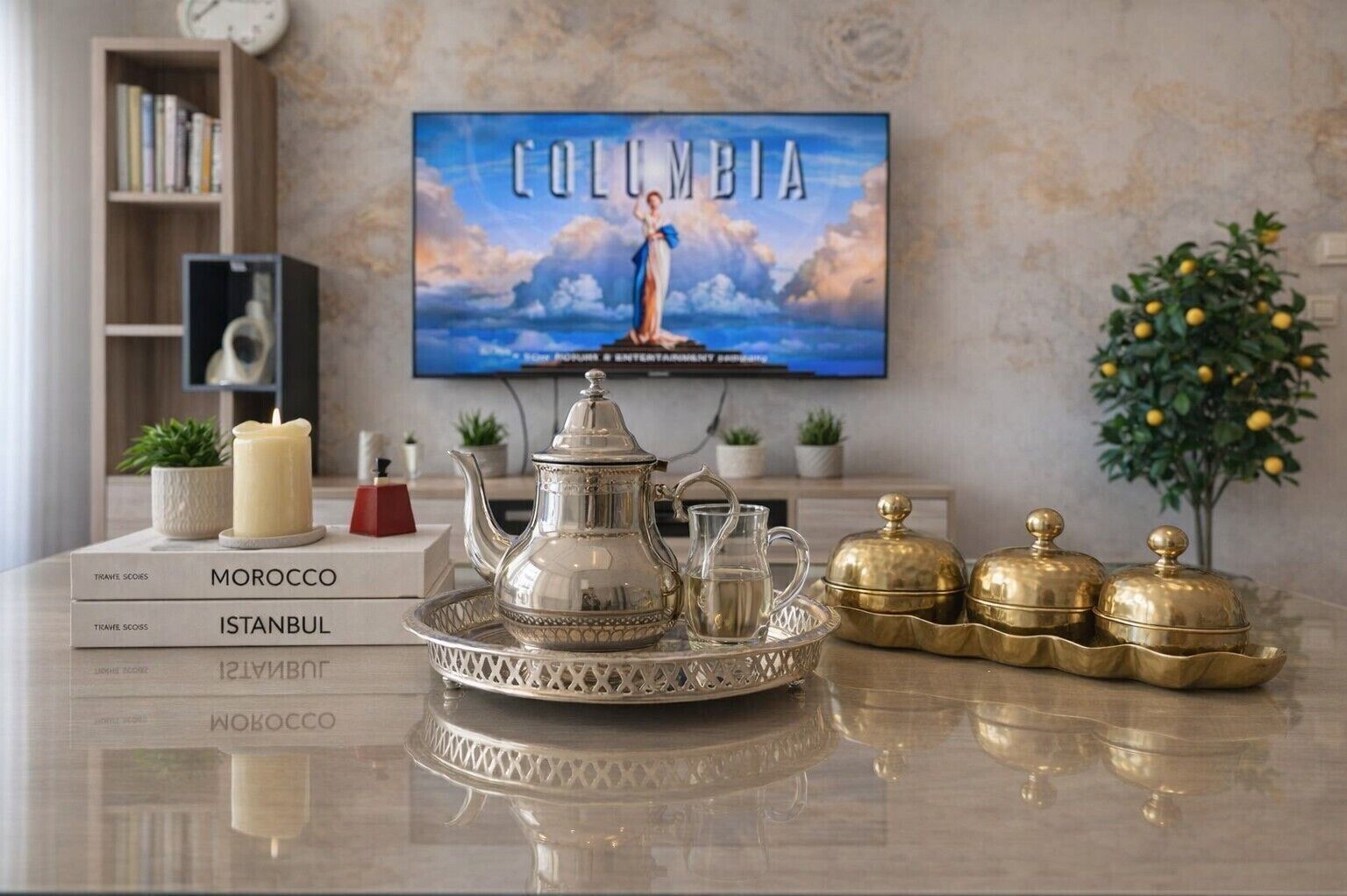 A table with a tray of silver and gold tea sets, books titled 'Morocco', 'Istanbul', and 'Wobococo', and a TV displaying 'COLUMBIA'.