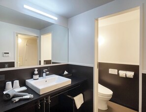 A modern bathroom with a large mirror, a white sink, a towel rack, and a toilet. - Lapis Jogasaki B&B (Ito)