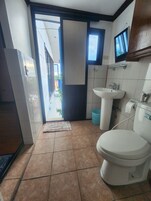 Shower, towels, soap, shampoo