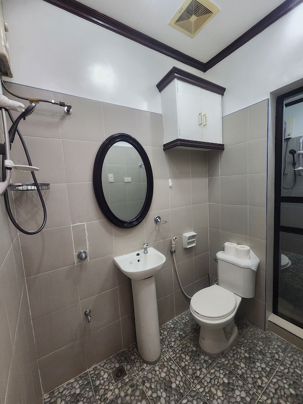 Un baño con inodoro, lavamanos y ducha.