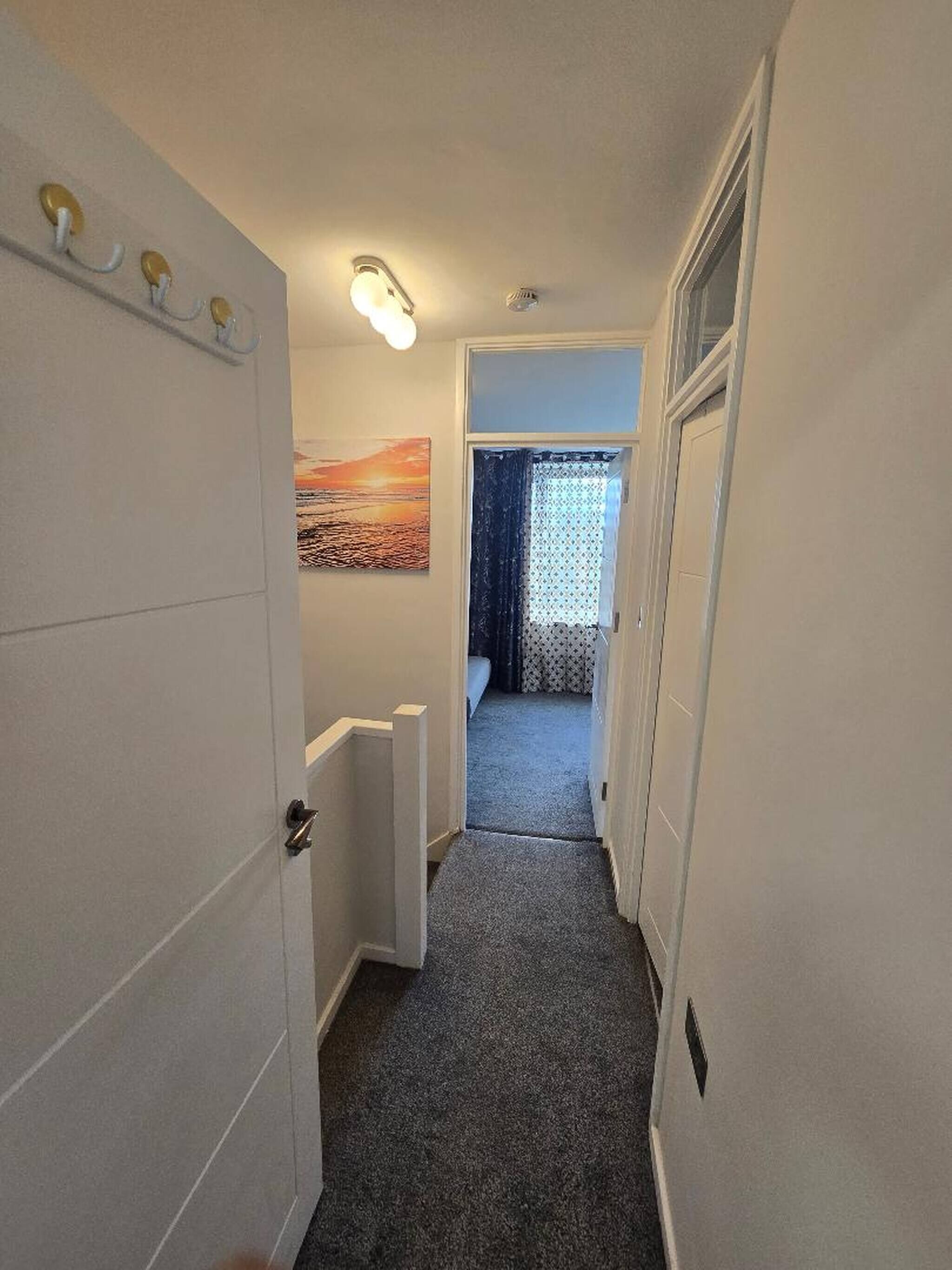 A narrow hallway with a carpeted floor, a radiator, a light fixture, and a door with a coat hook.