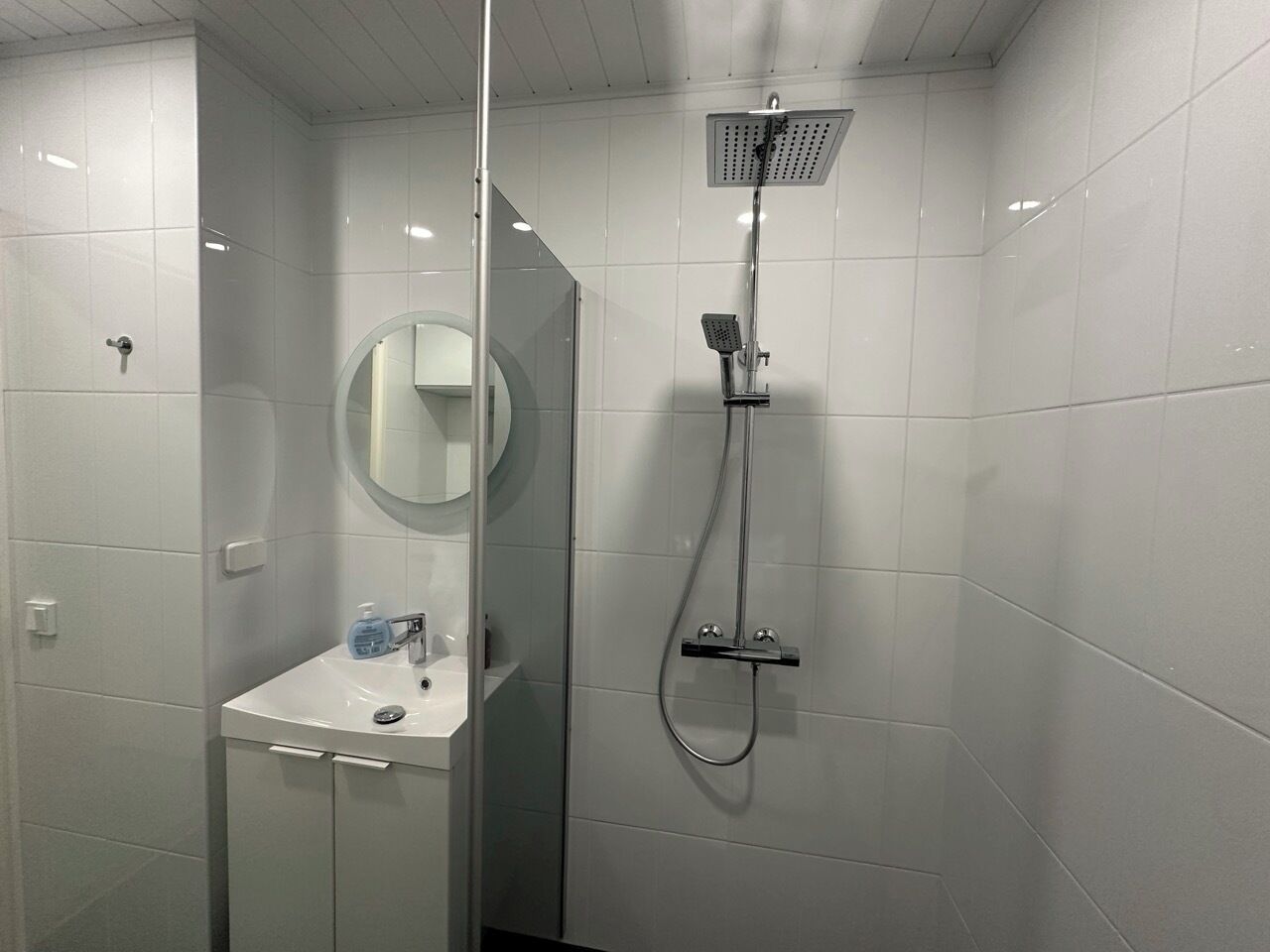 Ett modernt badrum med en dusch som är avskärmad med glasväggar, ett vitt handfat med en spegel och ett duschmunstycke som kan hållas i handen.