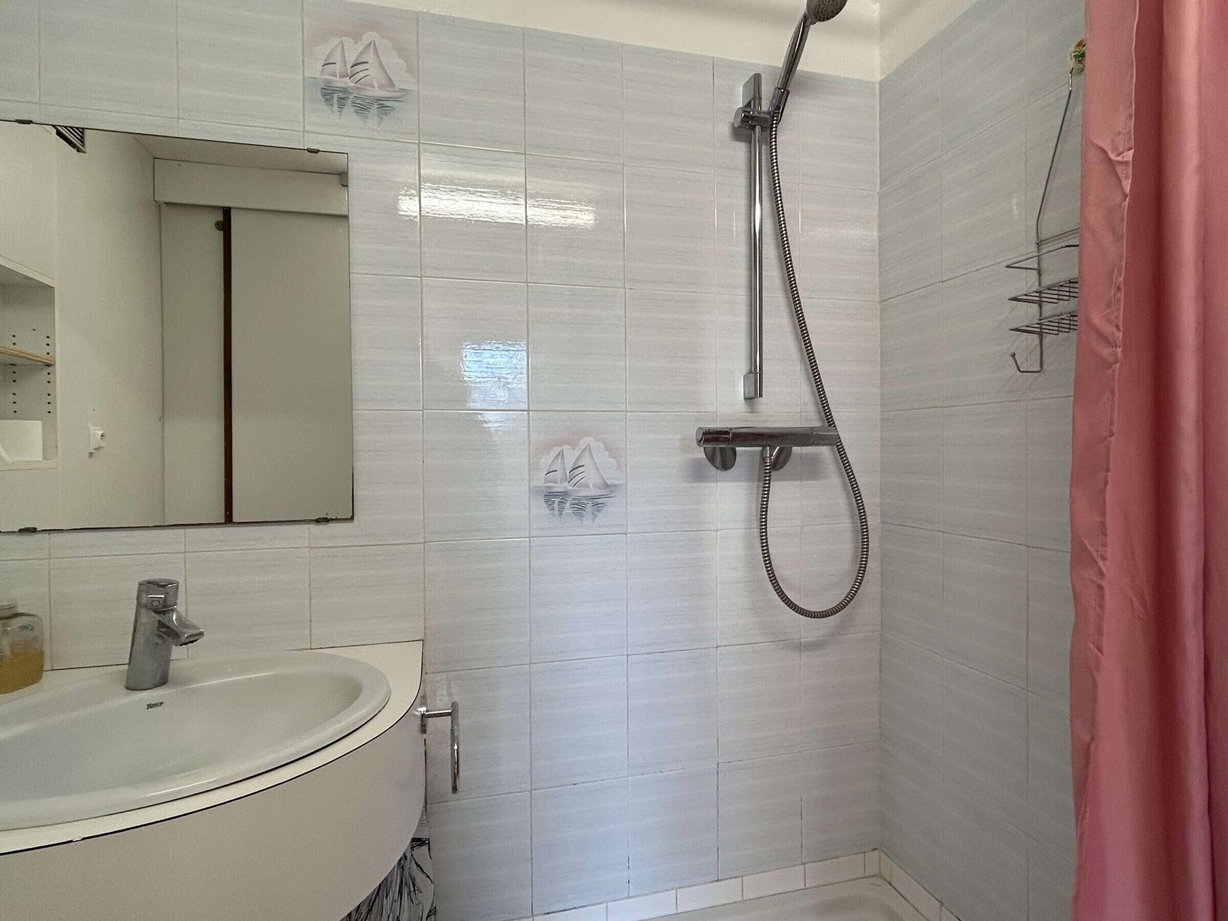 Une salle de bain avec un lavabo, un miroir et une douche.