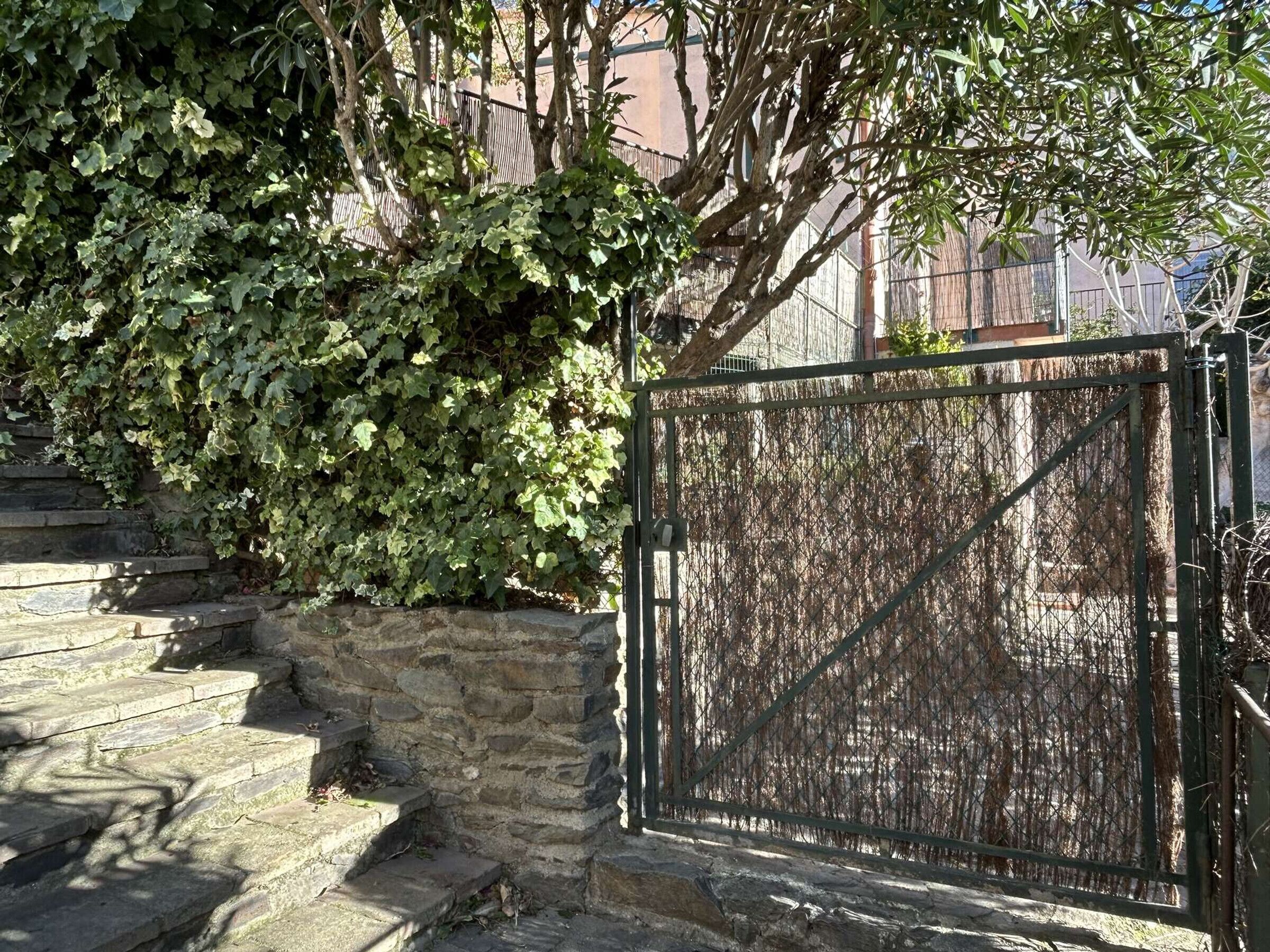 A stone staircase leading up to a metal gate, surrounded by dense foliage.