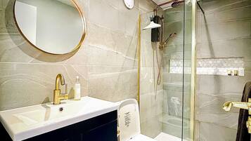 Hair dryer, towels, soap, toilet paper