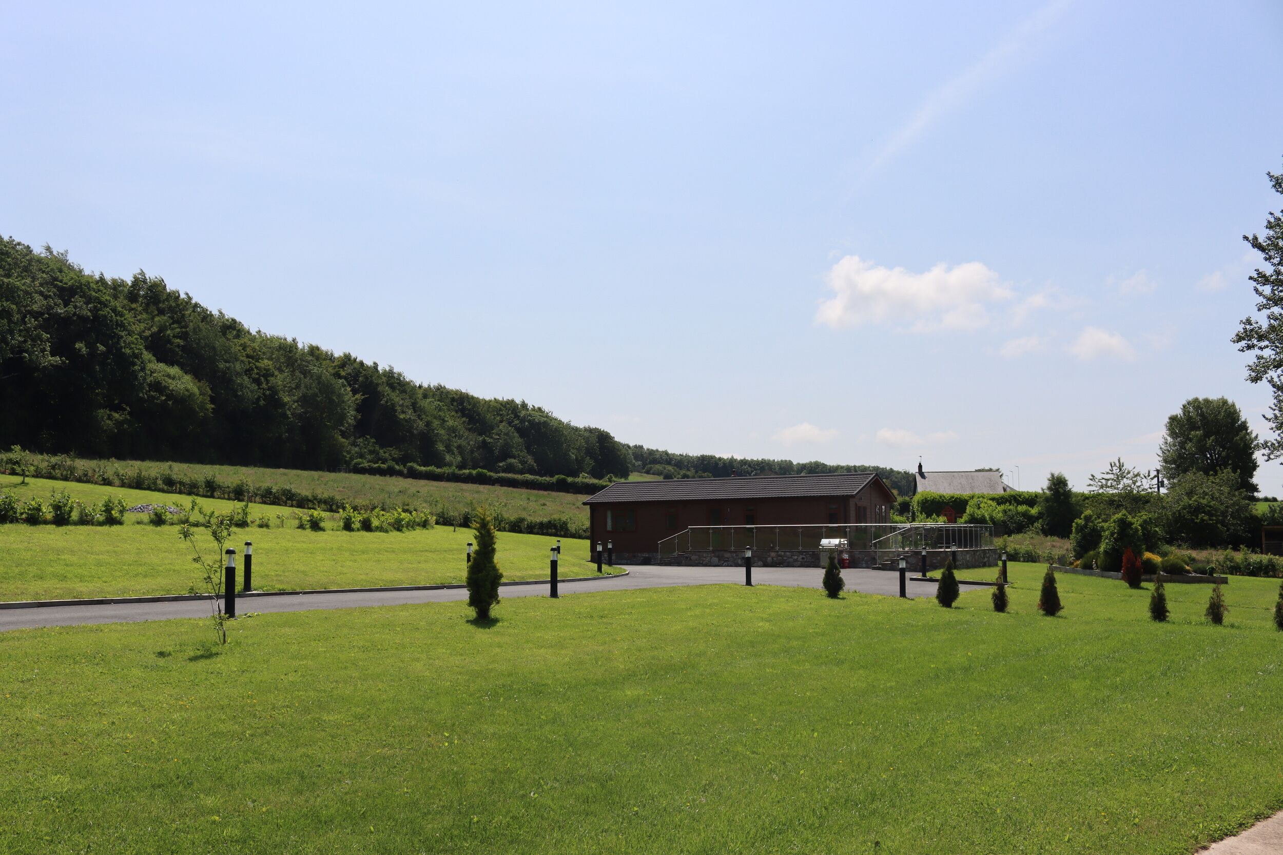 A building with a paved driveway and a grassy area with small trees.