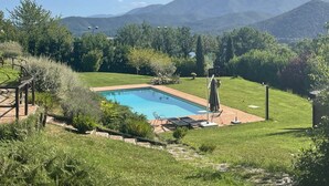 Ein Pool mit Blick auf Berge, umgeben von einer Wiese und Bäumen.