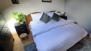A neatly arranged bedroom with a bed, bedside tables, a nightstand, a potted plant, and a door. - Aine Guest House Clonlara (Ruanard)