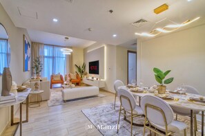 Luxury Apartment, City View | Dining - Manzil - Chic 2BR with Dubai Canal Views (Dubai)