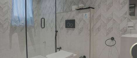 A modern bathroom with a glass shower enclosure, a toilet, and a sink.