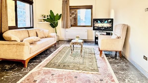 A living room with a sofa, armchair, TV, and a large plant. - Palace View Royal Home (Cairo)