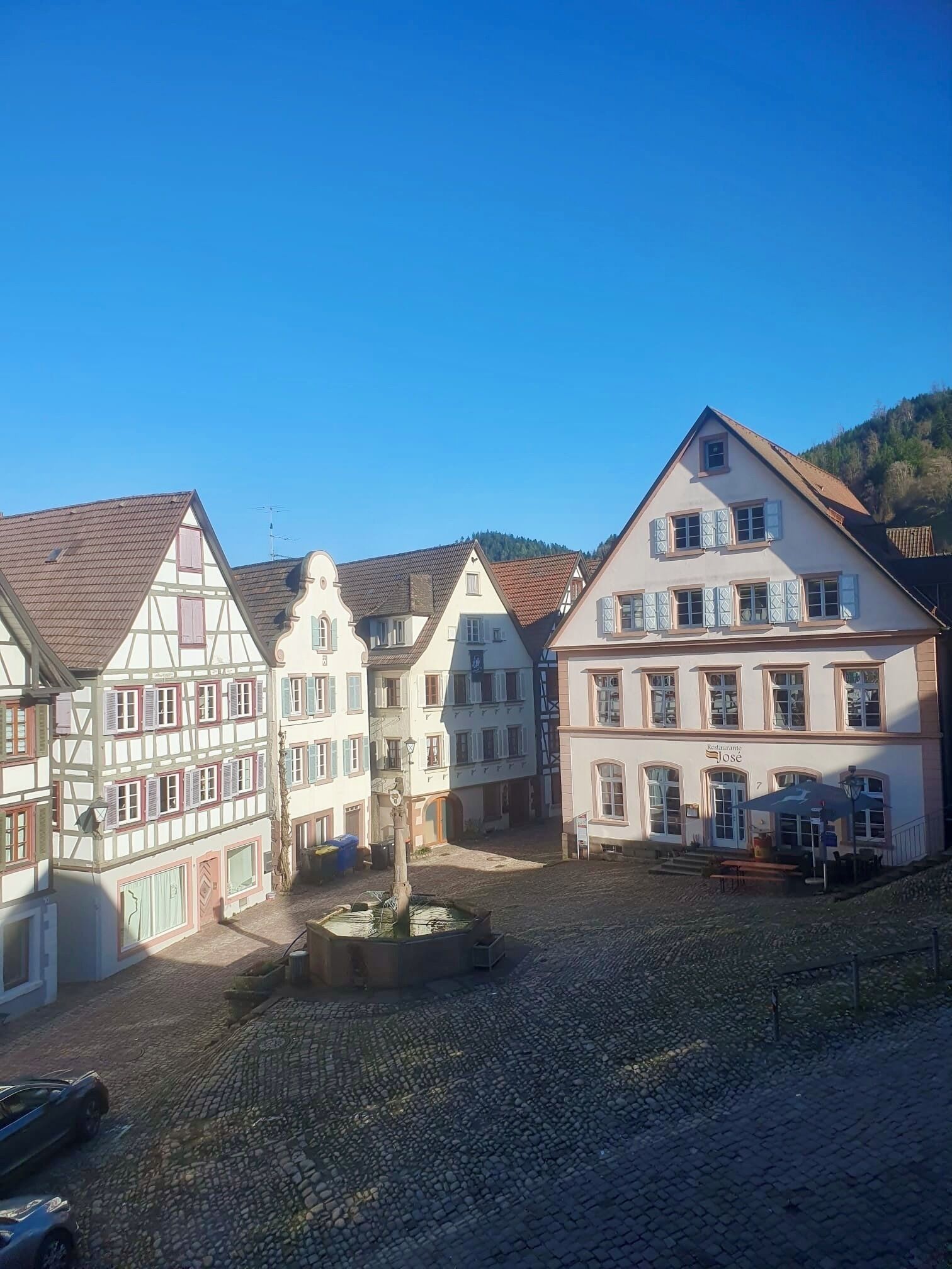 Ein traditioneller europäischer Stadtplatz mit Kopfsteinpflaster, historischen Gebäuden und einem Brunnen.