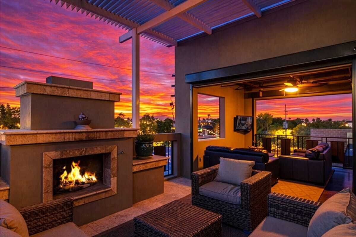 Rooftop deck boasts an outdoor kitchen with grill, sink, mini fridge, and cooking utensils, outdoor dining for four, a fireplace, smart TV, and three furnished lounging areas, and breathtaking panoramic views of Old Town Scottsdale.