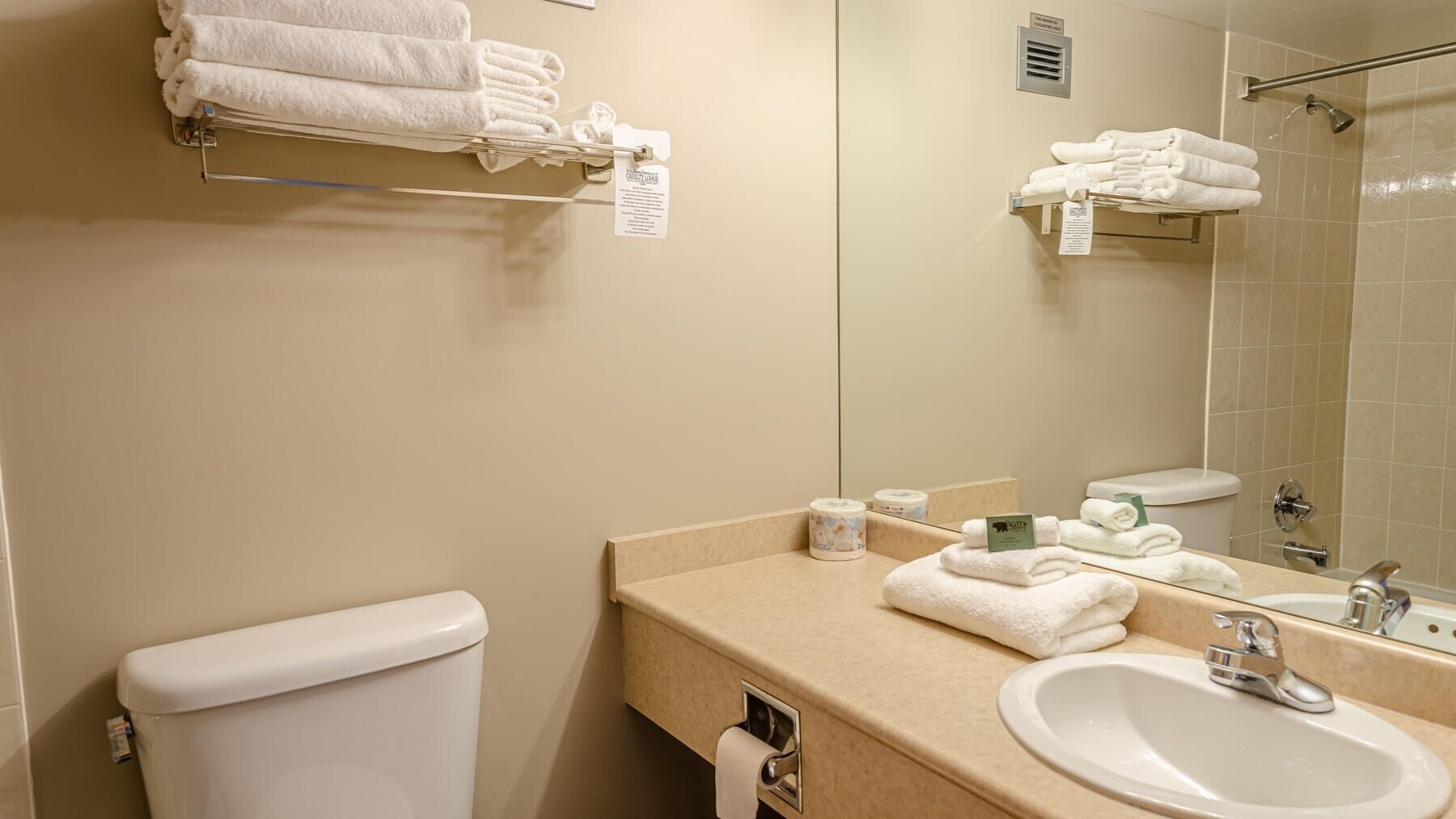 Ein Badezimmer in einem Hotel mit Toilette, Waschbecken, Spiegel und Handtuchhalter.