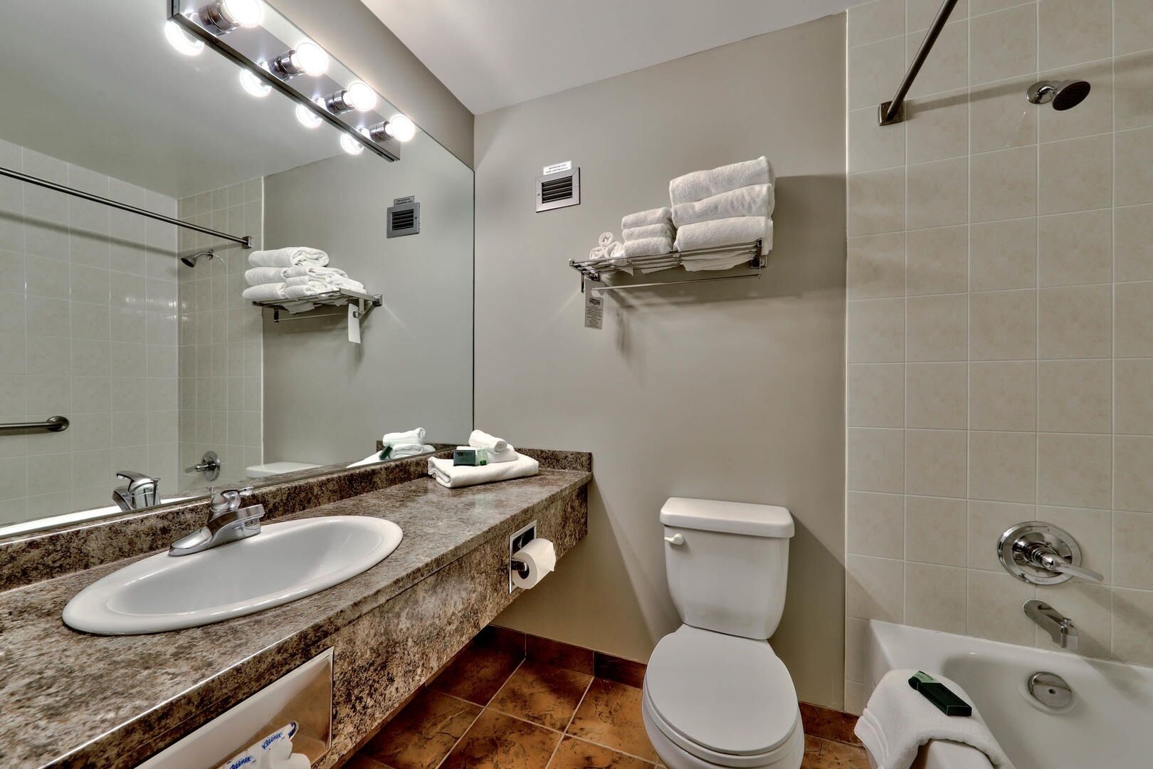 A modern bathroom with a double sink, toilet, and shower.