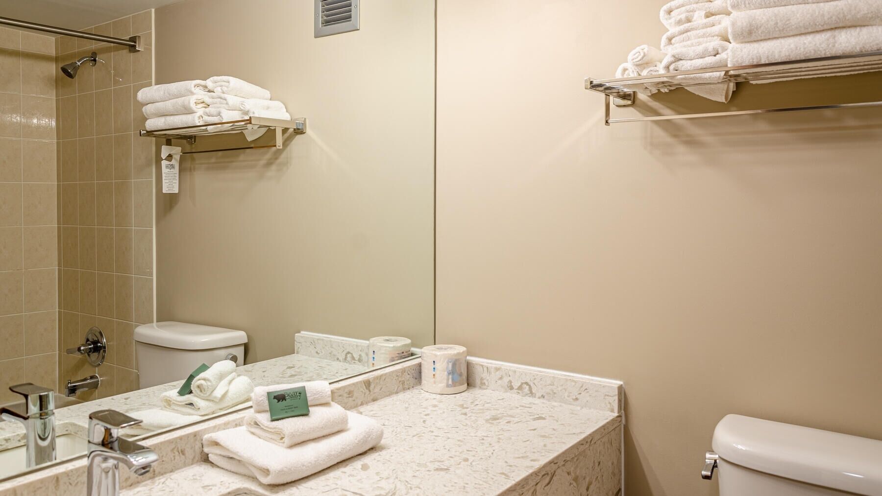 Een badkamer met een marmeren wastafel, toilet, handdoekhouder en douche.