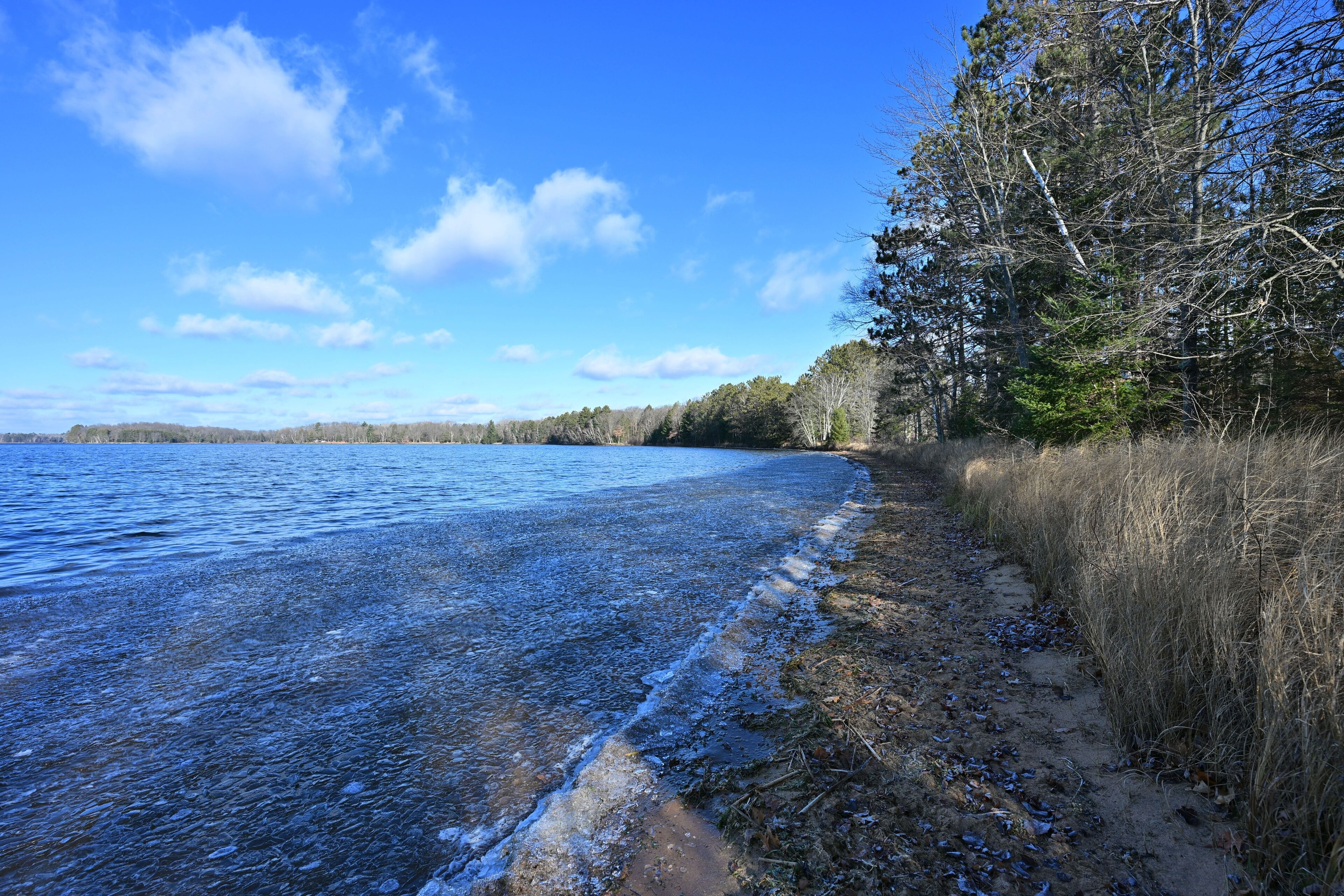A natural landscape with a clear sky, a body of water, and a forested area.